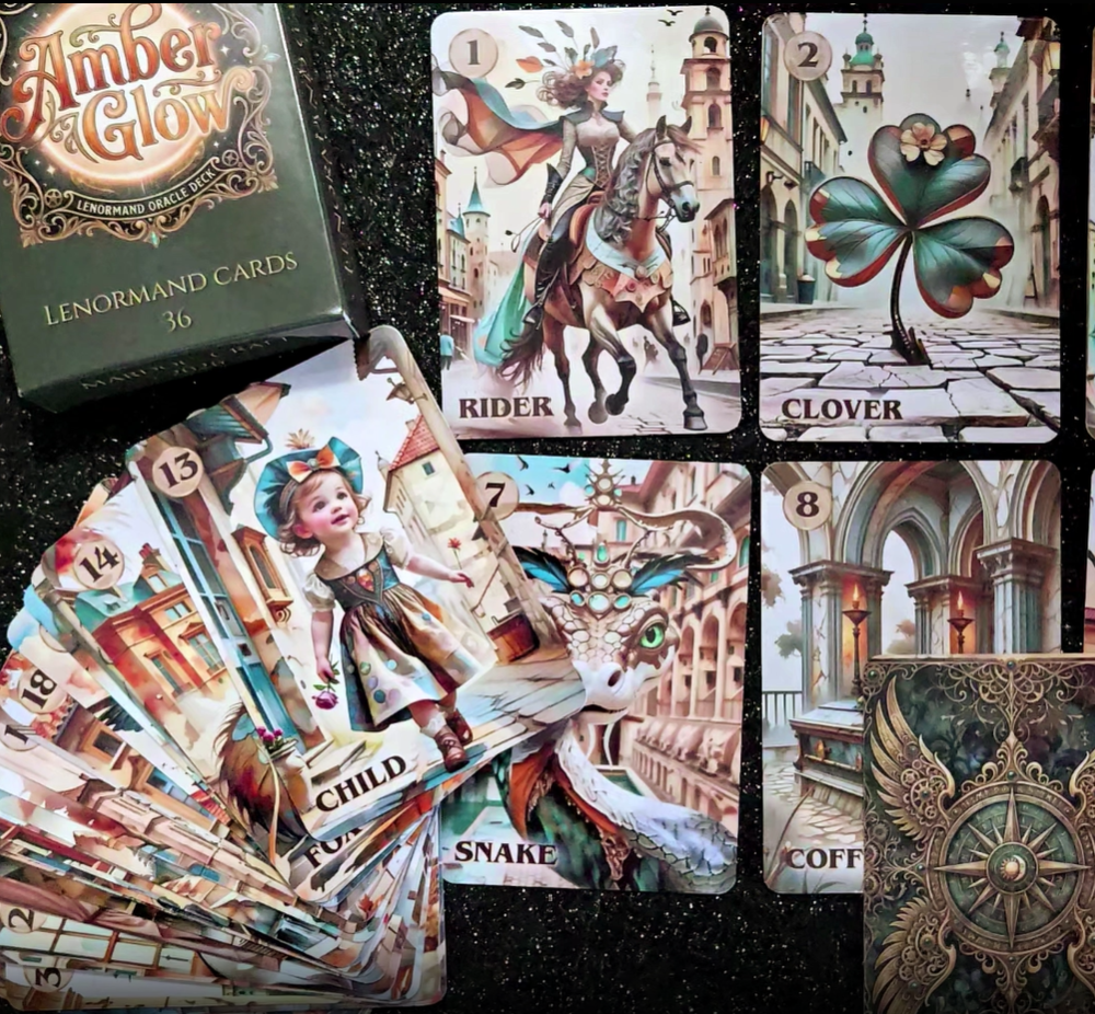 Vintage steampunk Lenormand cards Rider, Clover, Child, Snake, Coffin with gold compass back design — handmade 36-card deck MardocCraft