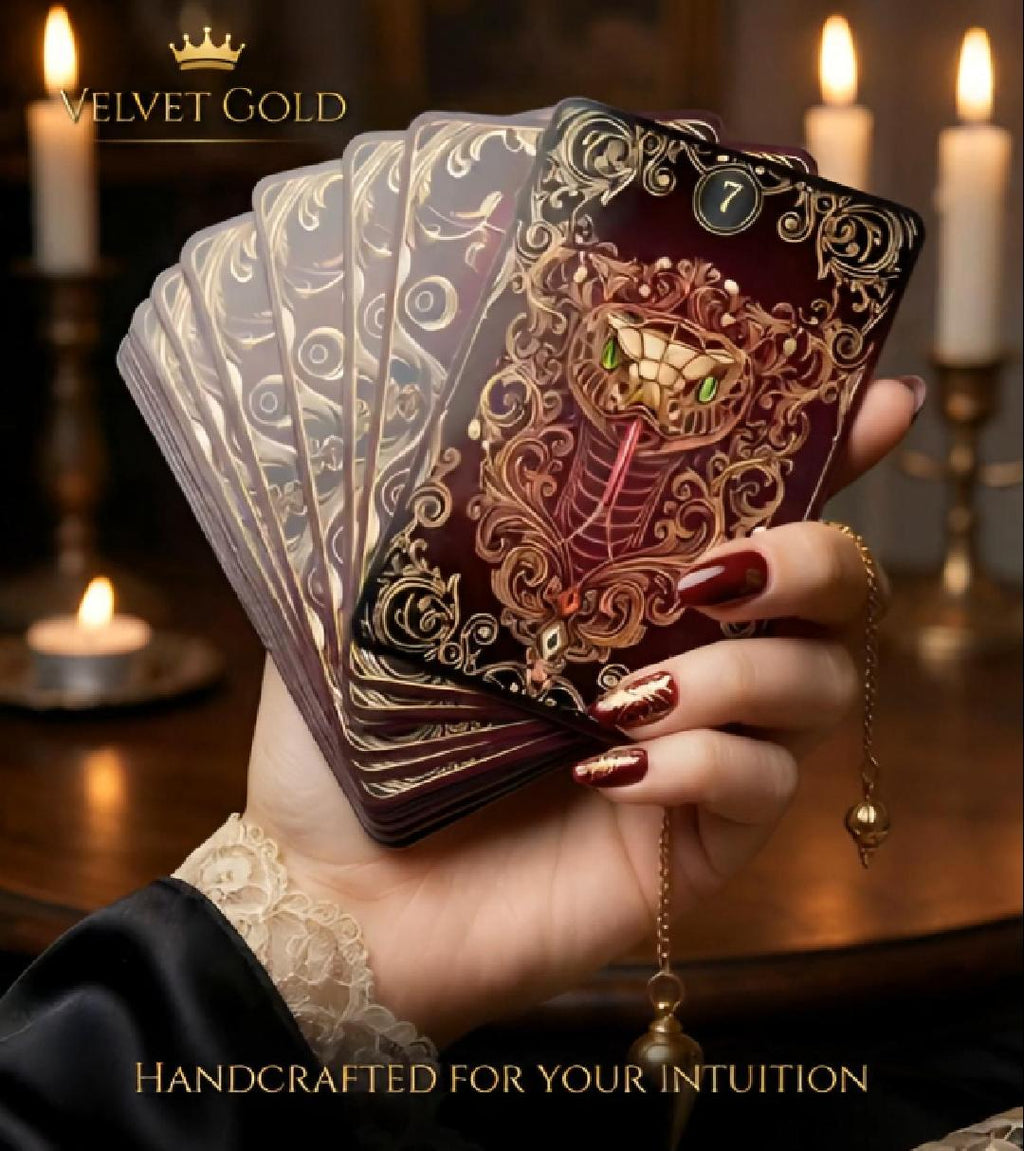 Glossy finish Velvet Gold Lenormand cards close-up — premium lamination shine baroque gold detail handmade oracle Ukraine