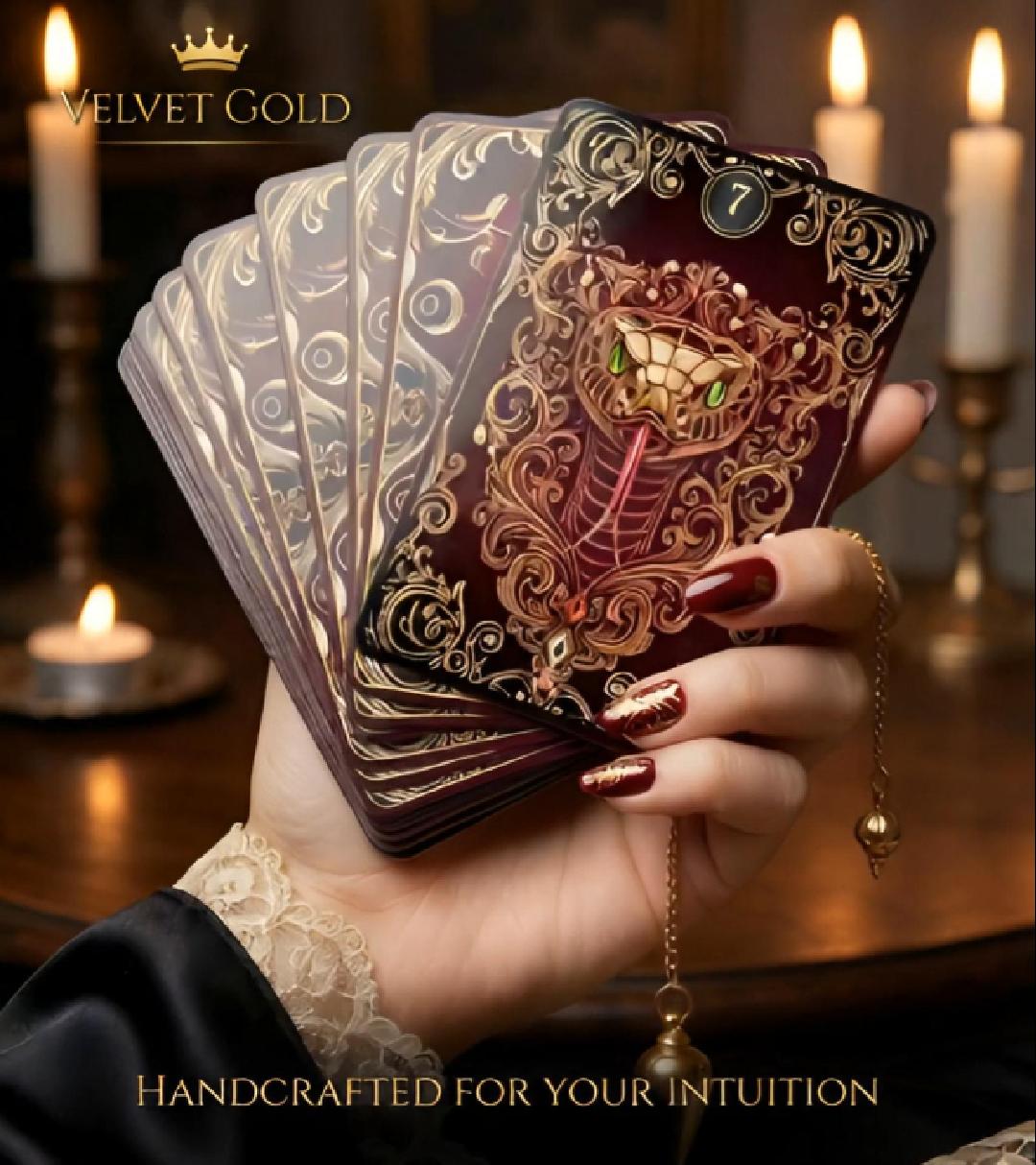 Glossy finish Velvet Gold Lenormand cards close-up — premium lamination shine baroque gold detail handmade oracle Ukraine