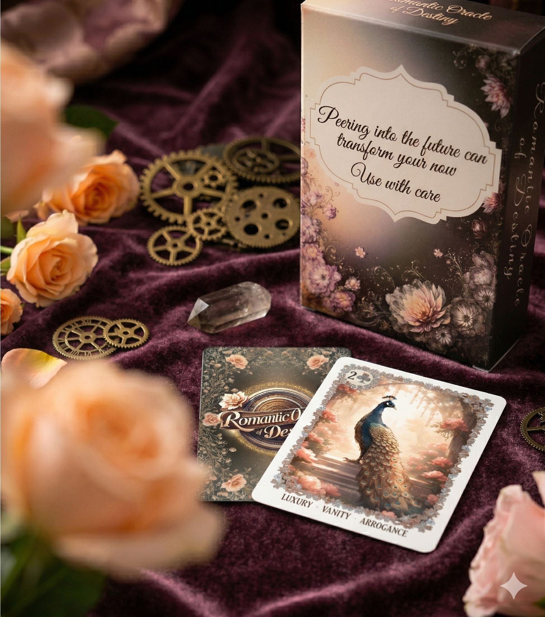 Back of Romantic Oracle of Destiny box with quote. Luxury Peacock card, steampunk gears, roses & crystal on purple velvet. Divination deck by MardokCraft