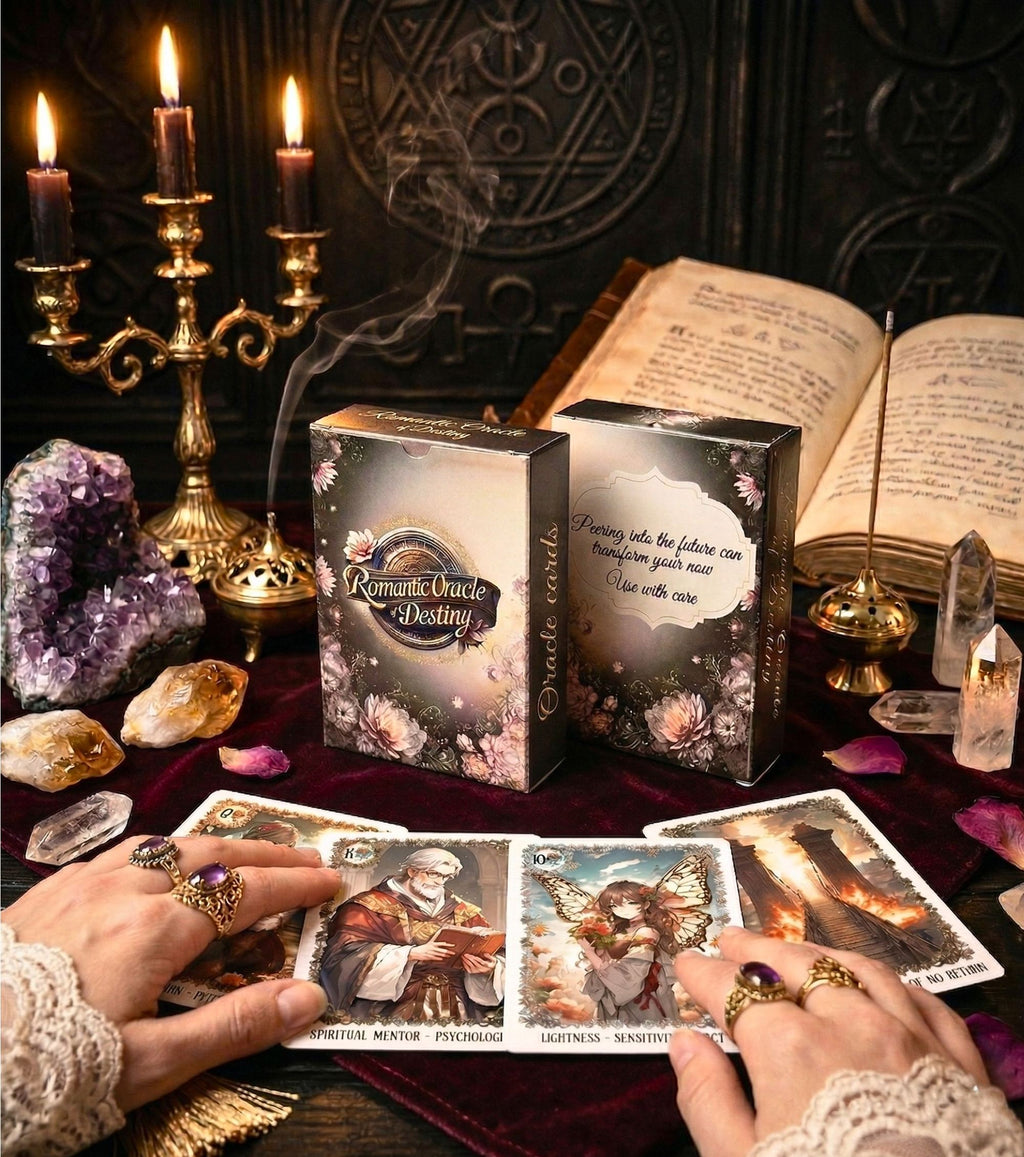 Esoteric card reading on mystic altar — oracle deck with spellbook, amethyst crystals and candlelight