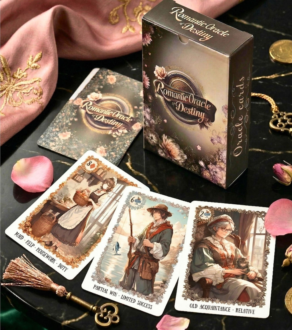 Daily guidance oracle cards with box - soulmate reading deck with vintage key, coins and floral manga illustrations