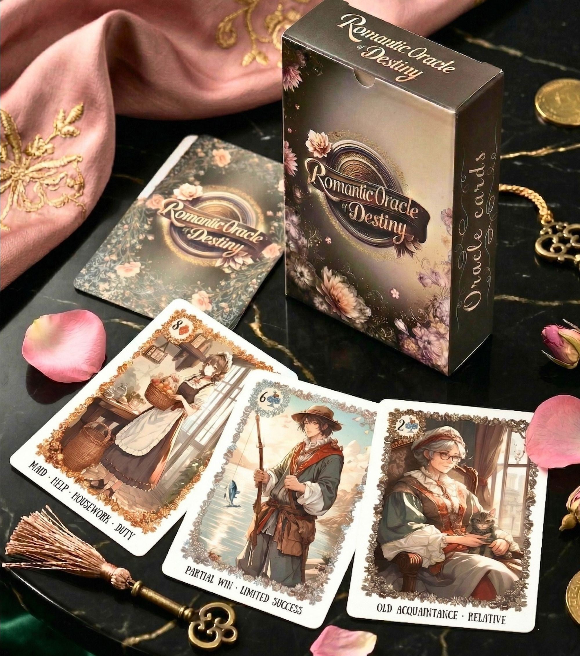 Daily guidance oracle cards with box - soulmate reading deck with vintage key, coins and floral manga illustrations