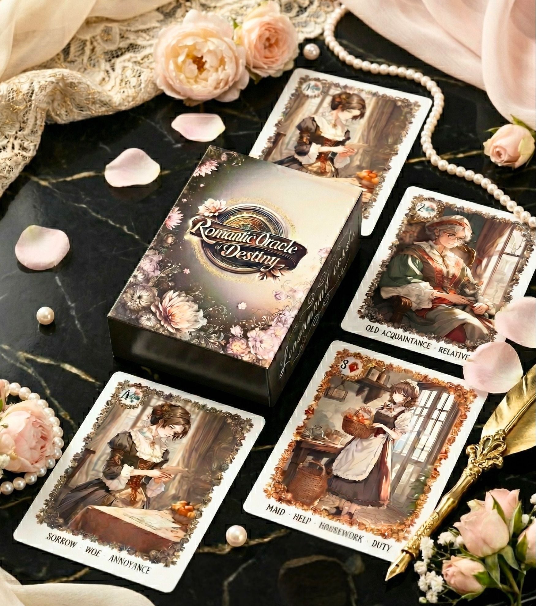 Gift for tarot lover — oracle deck with box on black marble, roses, pearls and gold pen