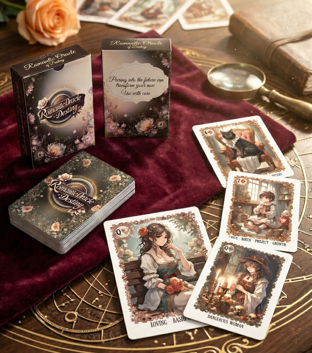 Tarot lover gift oracle deck with card back design — manga character cards on astrology circle with magnifier and red velvet