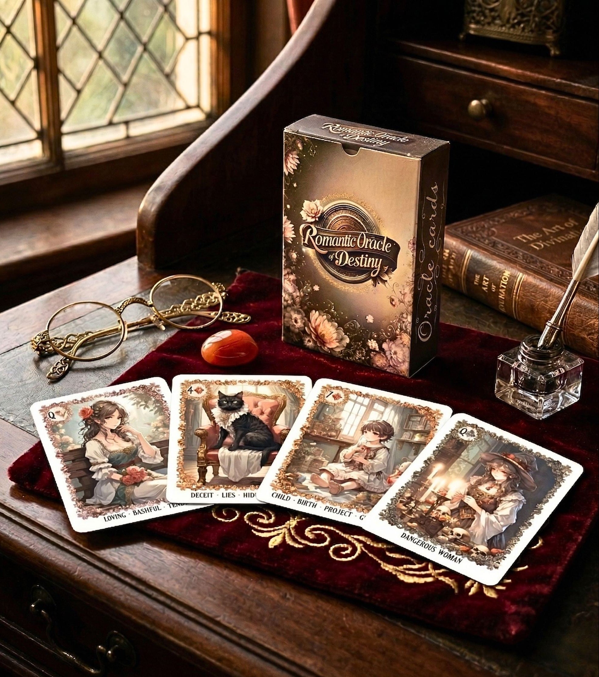 Romantic Oracle of Destiny oracle cards in manga anime style. Romantic Renaissance aesthetic divination cards with detailed character art on velvet