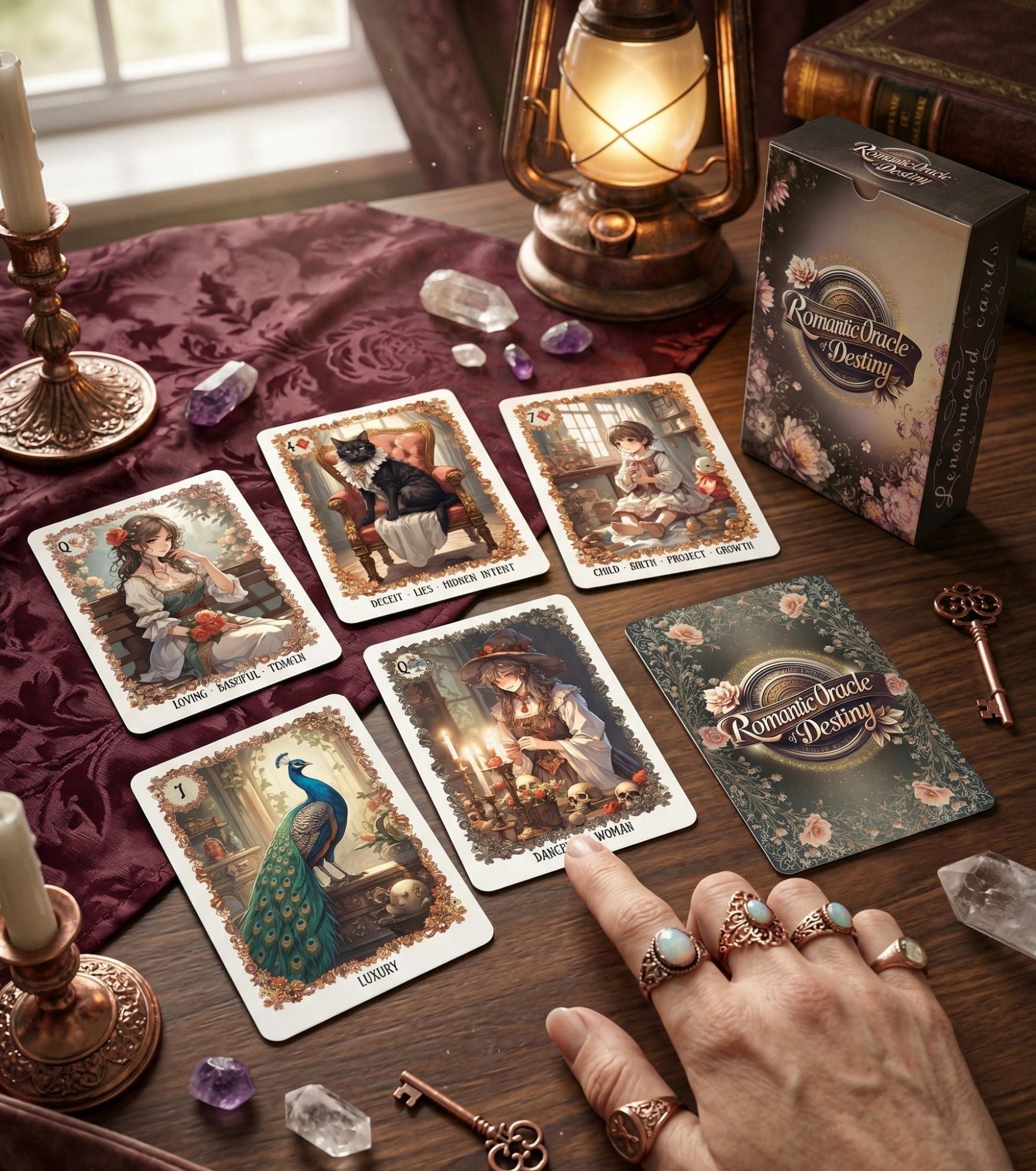 Intuitive card reading in progress — love oracle spread with vintage lantern, crystals and manga character cards