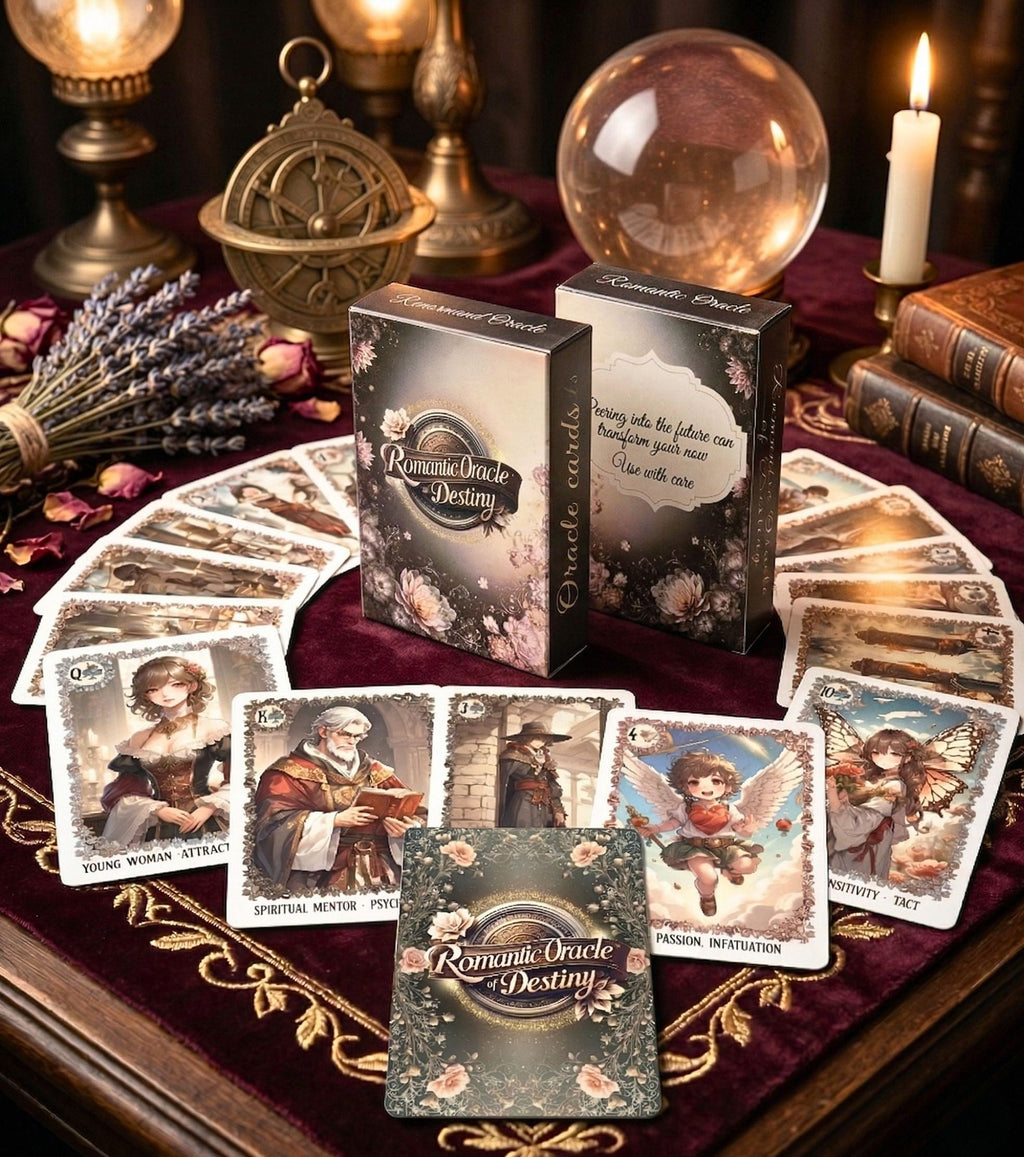 Full oracle deck spread around crystal ball — divination cards with astrolabe, lavender and candlelight on velvet