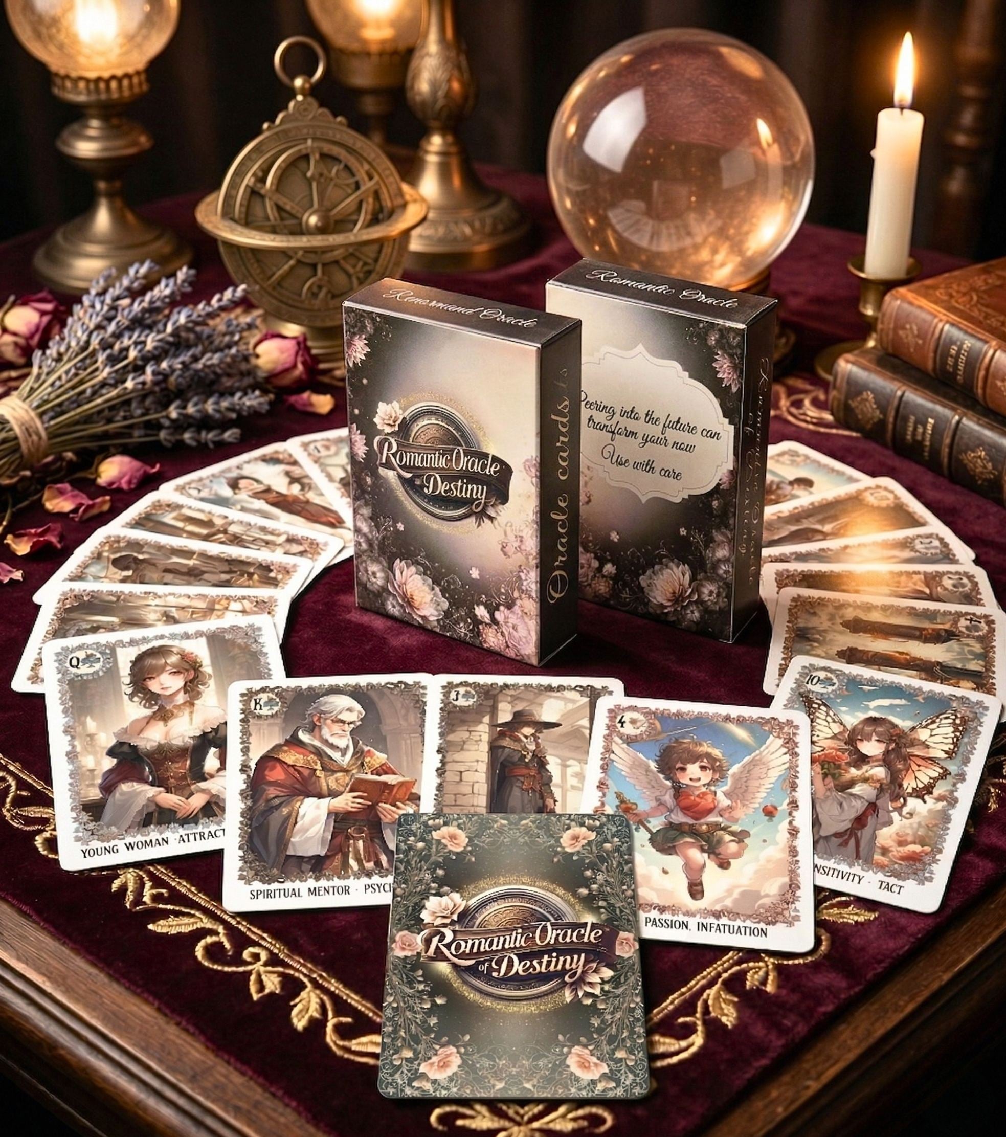 Full oracle deck spread around crystal ball — divination cards with astrolabe, lavender and candlelight on velvet