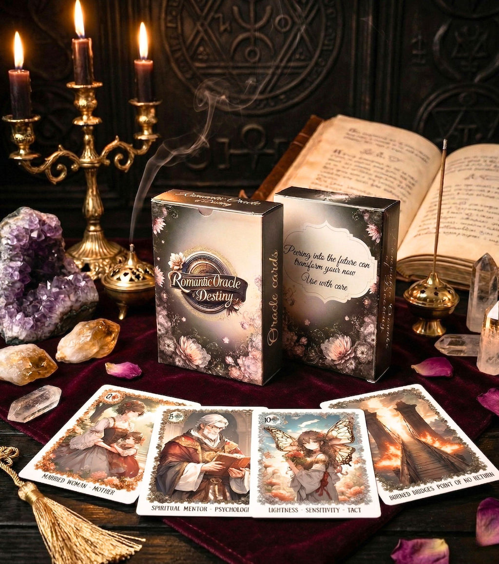 Love oracle card spread on mystic altar — relationship reading deck with crystals, candles and manga character art