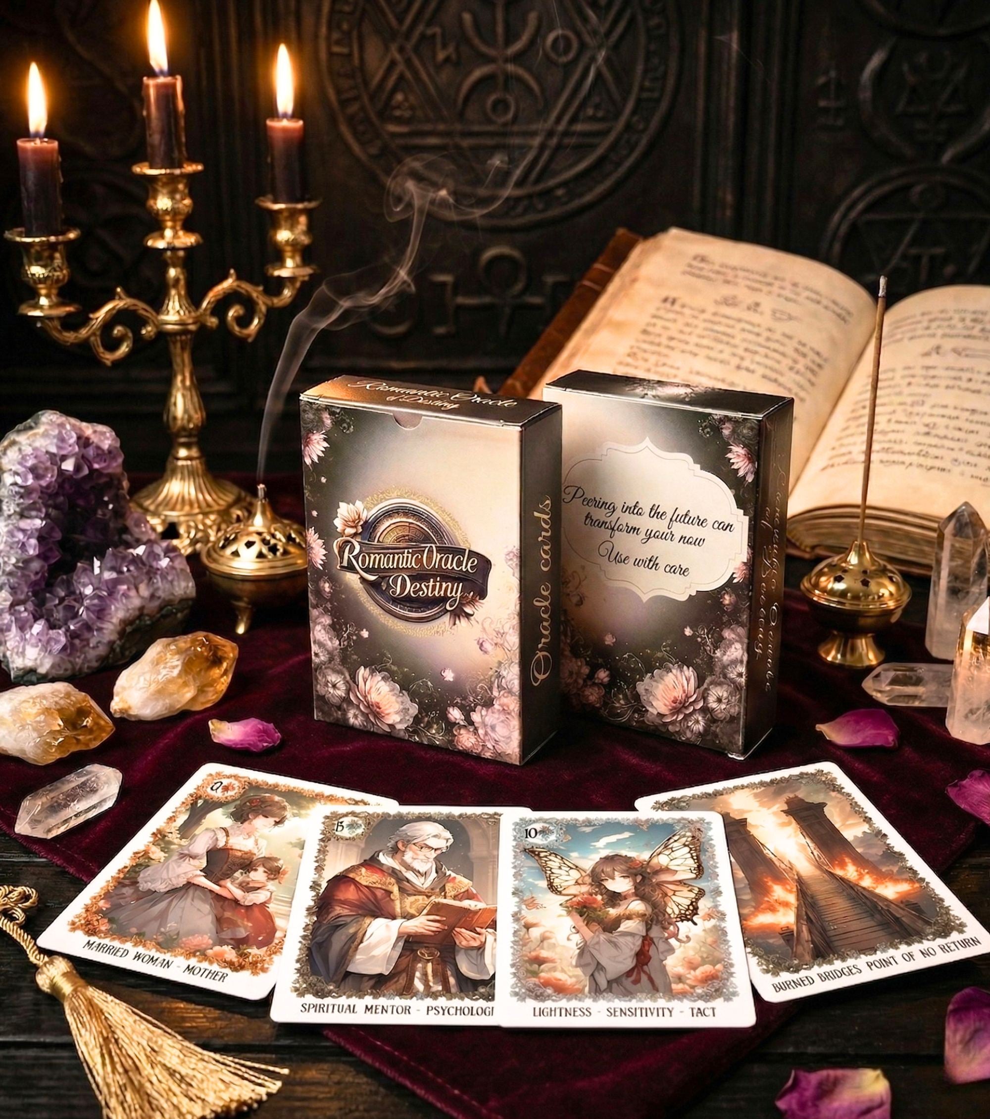 Love oracle card spread on mystic altar — relationship reading deck with crystals, candles and manga character art
