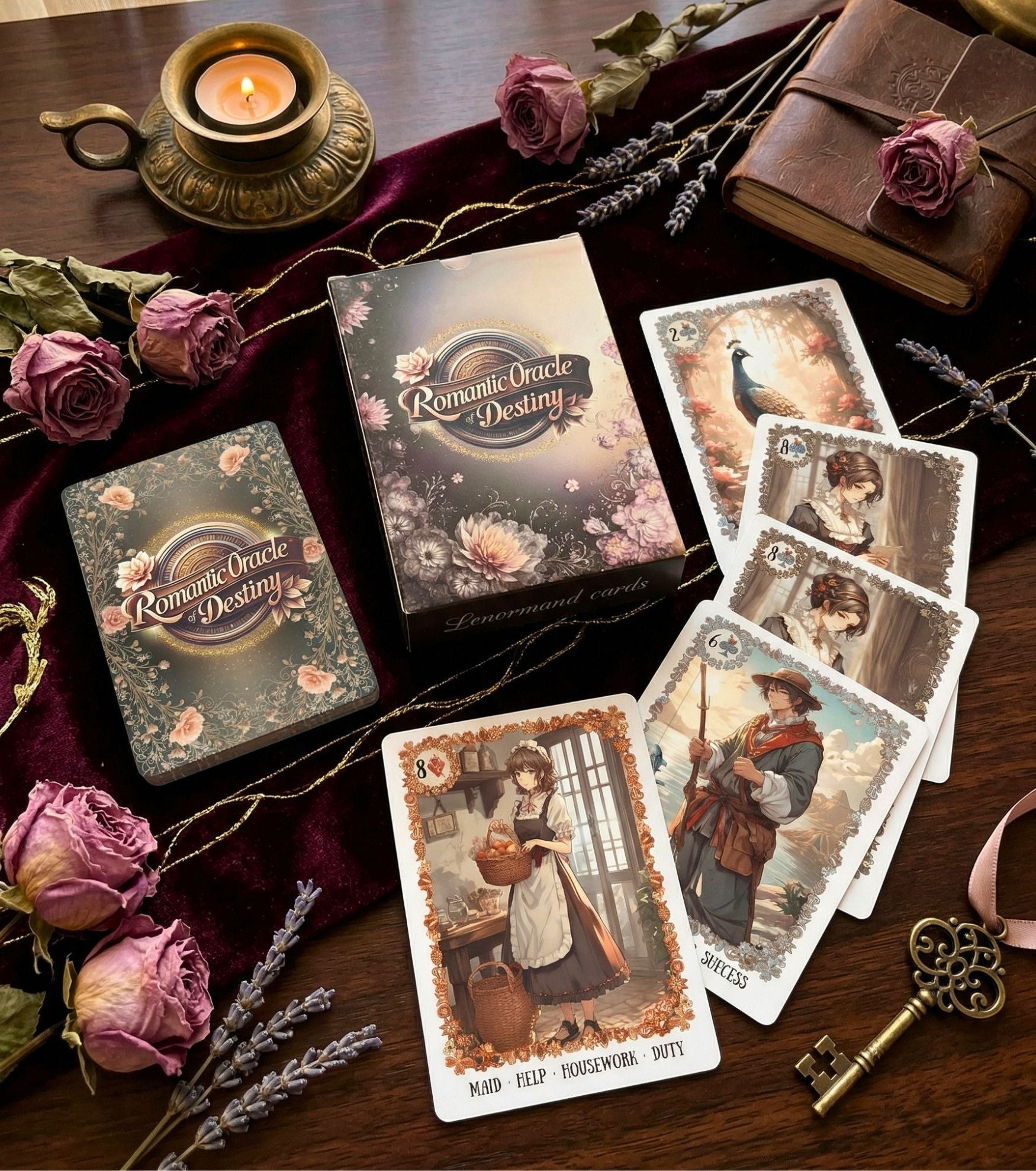Romantic Oracle of Destiny  deck  Box & cards (Maid, Success, Peacock) on velvet with dried roses, lavender & leather journal. Candle light