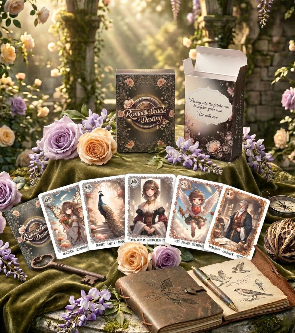 Renaissance garden oracle card spread — love reading deck with wisteria, roses and vintage compass in sunlight