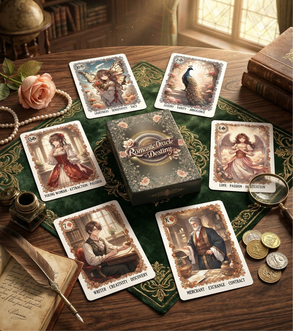 Relationship spread oracle deck flat lay — beginner love reading cards with printed keyword meanings and cartomancy suits