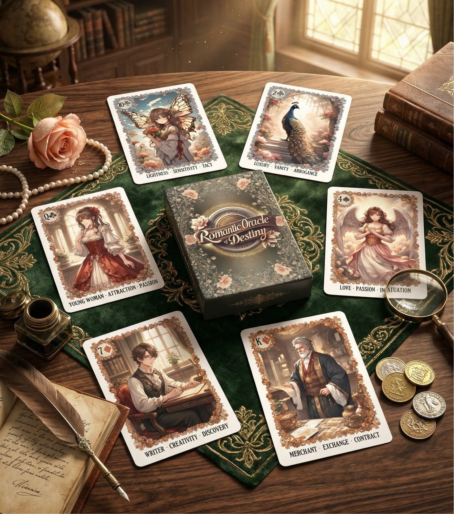 Relationship spread oracle deck flat lay — beginner love reading cards with printed keyword meanings and cartomancy suits