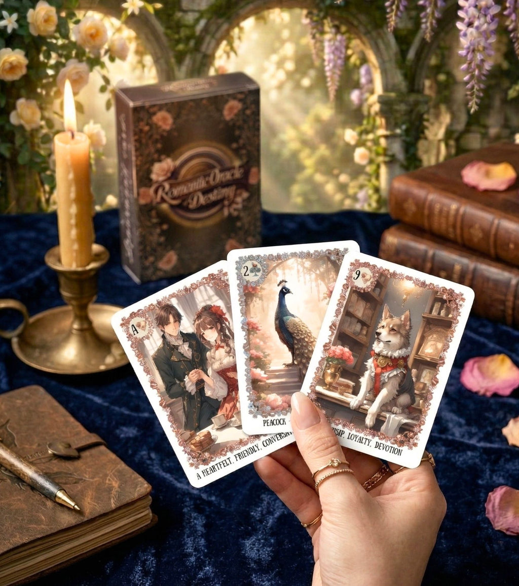 Hand holding Peacock, Dog & Couple cards from Romantic Oracle of Destiny Lenormand deck. Blue velvet, candle & journal in a garden setting. By MardokCraft