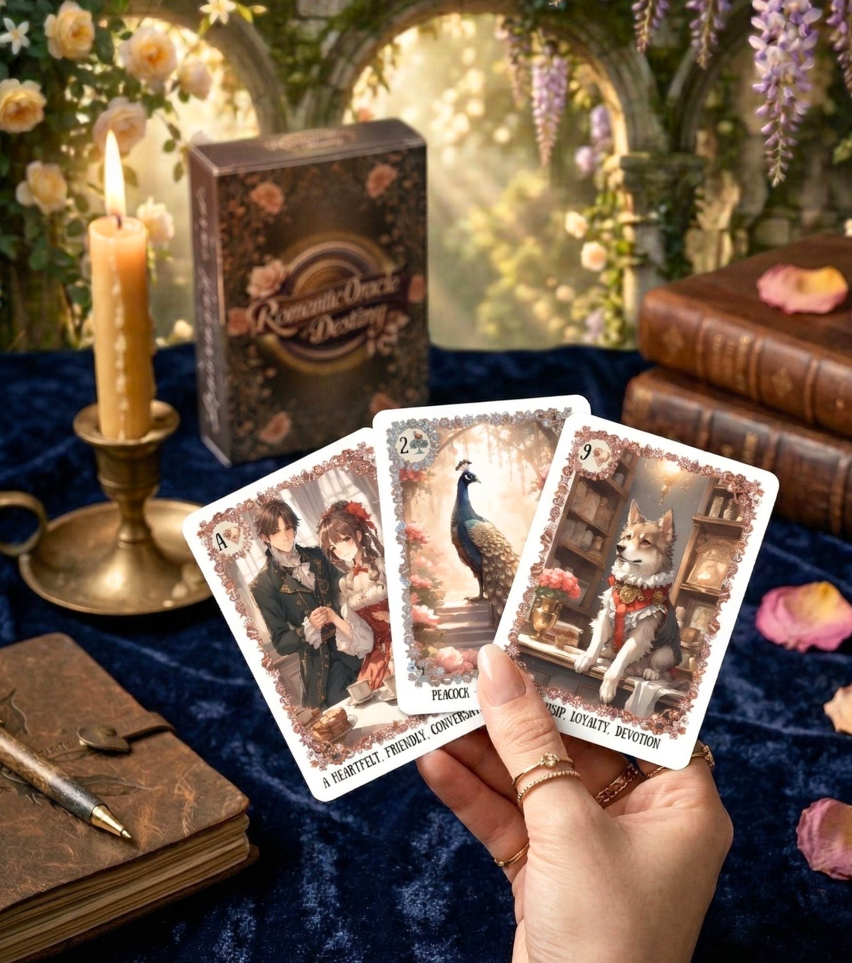 Hand holding Peacock, Dog & Couple cards from Romantic Oracle of Destiny Lenormand deck. Blue velvet, candle & journal in a garden setting. By MardokCraft