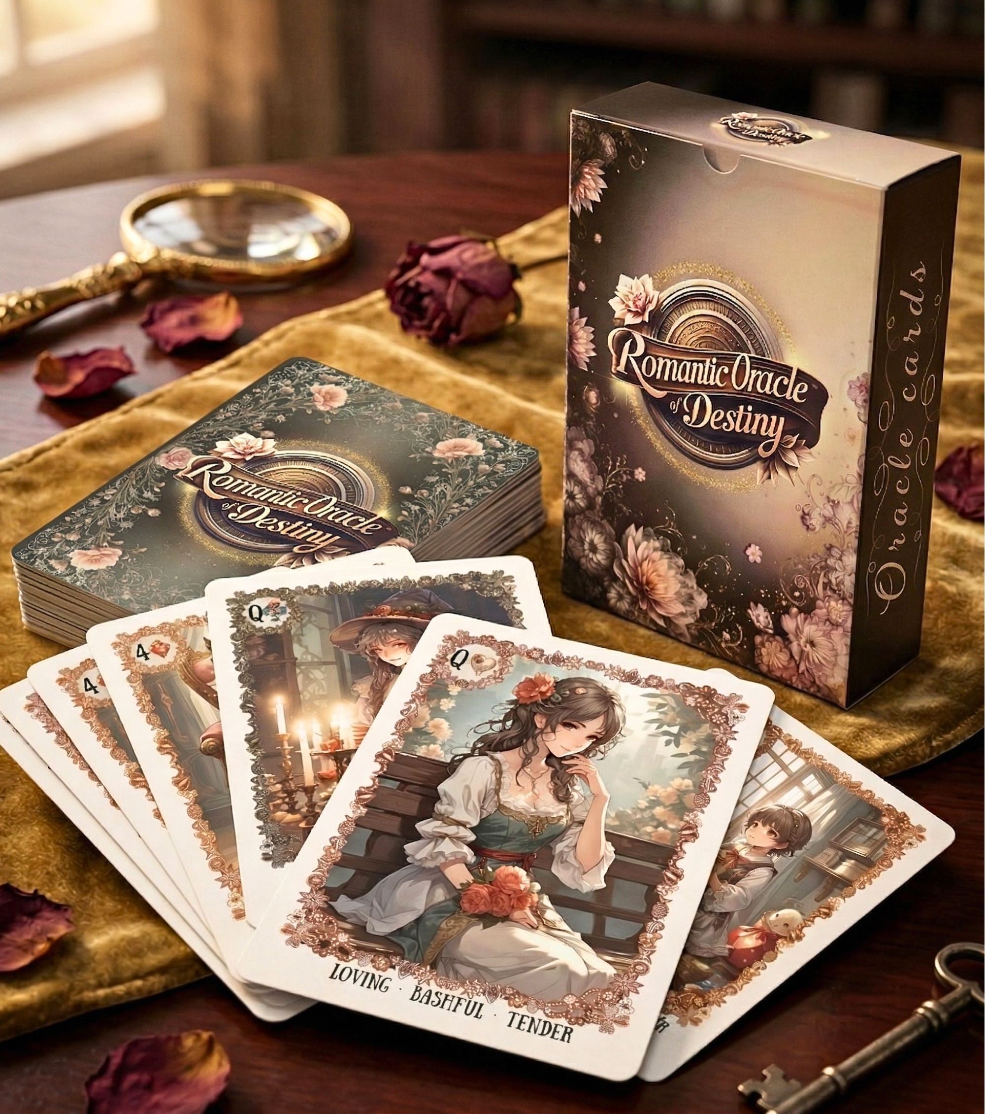 Manga love oracle deck 54 cards with box — handmade romantic oracle with manga character art, roses, and vintage keys