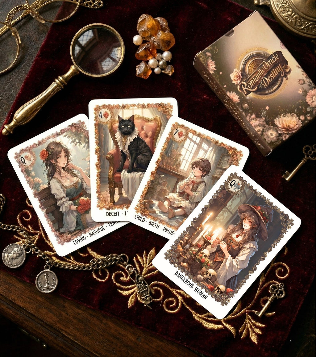 Spiritual divination tool with oracle card spread on red velvet — handmade indie deck with amber, magnifier and vintage coins