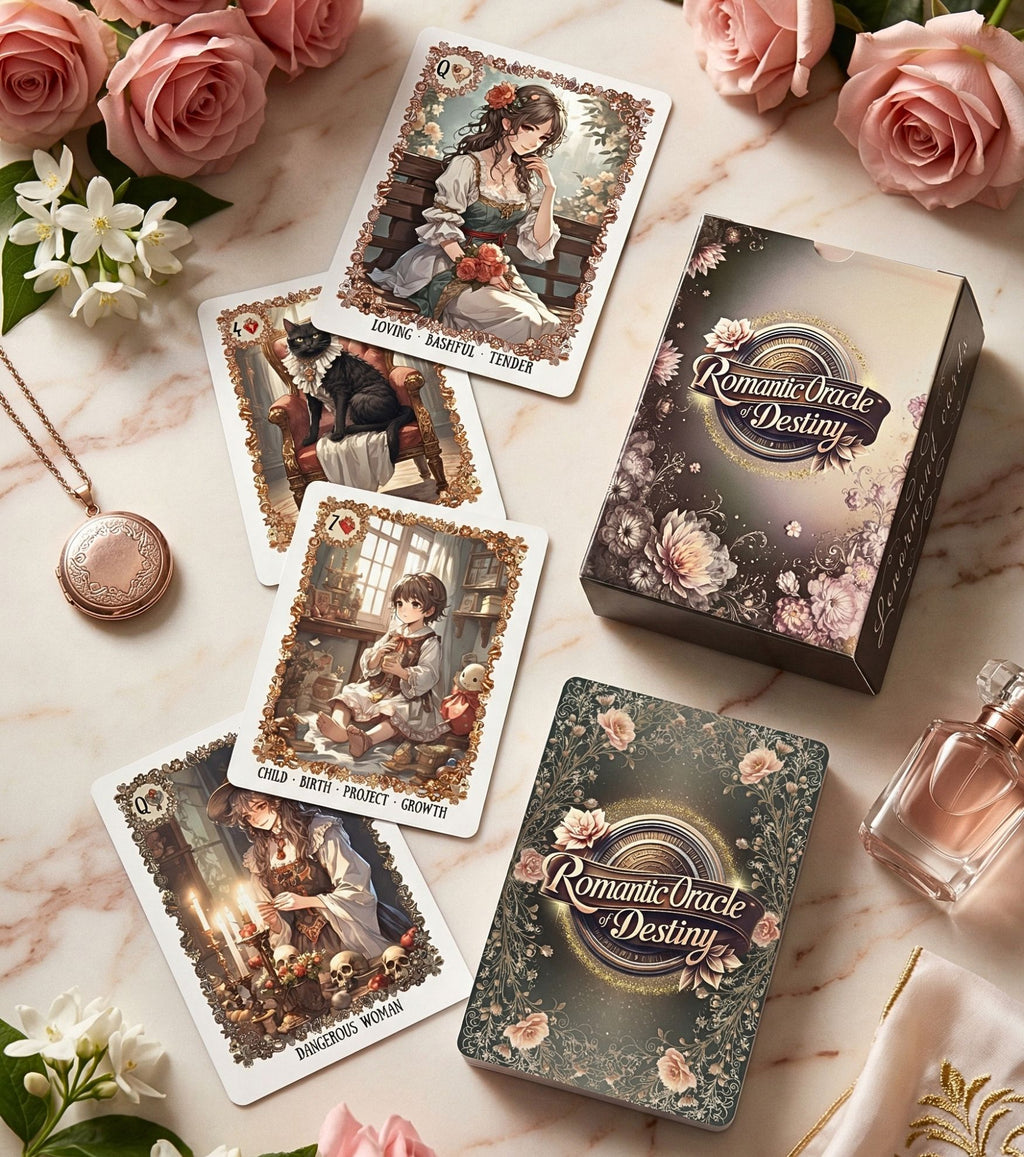 Romantic Oracle of Destiny cards on marble with roses, perfume & locket. Cards: Loving, Cat, Child, Dangerous Woman. Aesthetic deck by MardokCraft