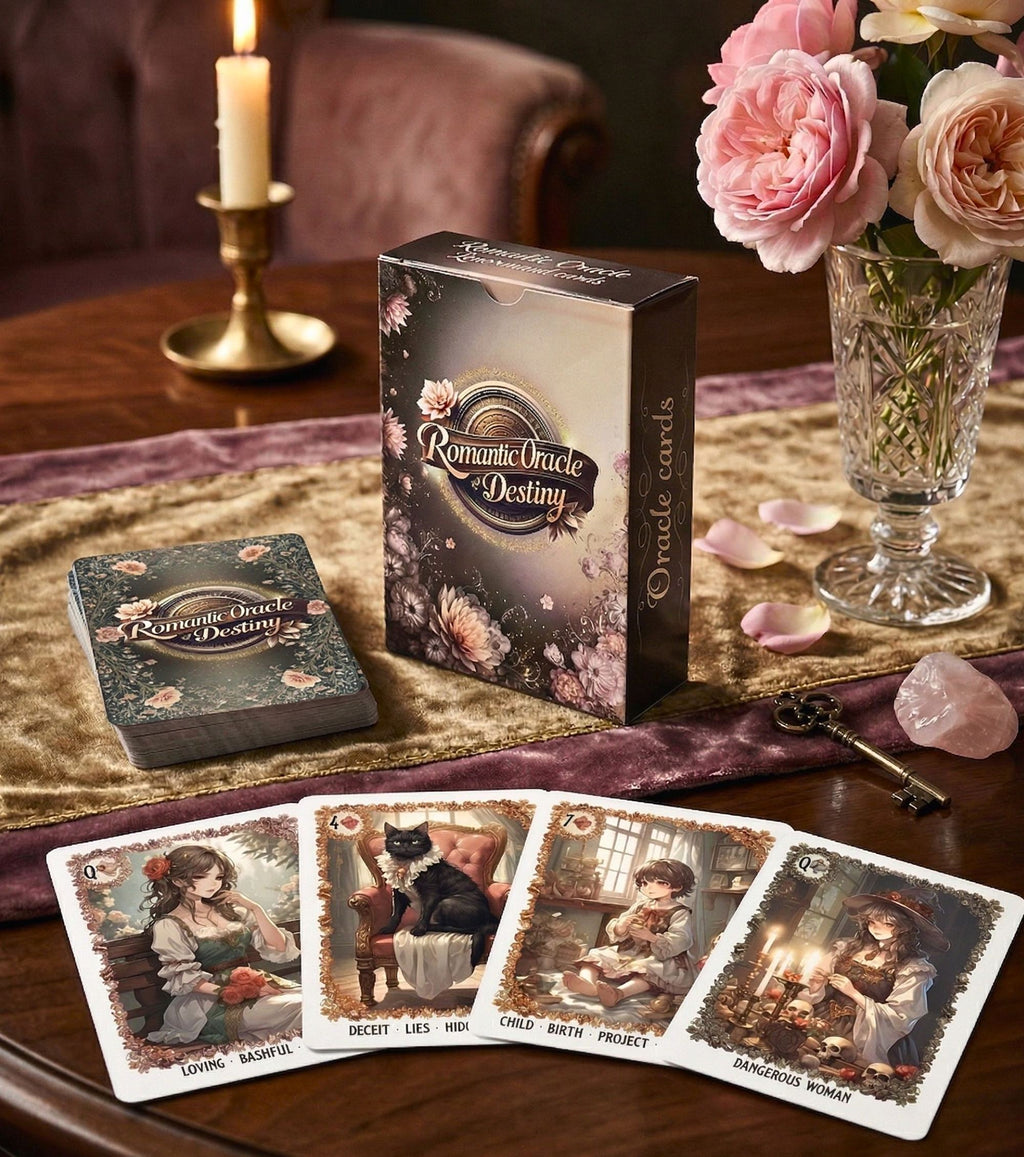 Manga anime style Romantic Oracle of Destiny cards, divination deck on velvet with pink roses, lit candle, and rose quartz crystal