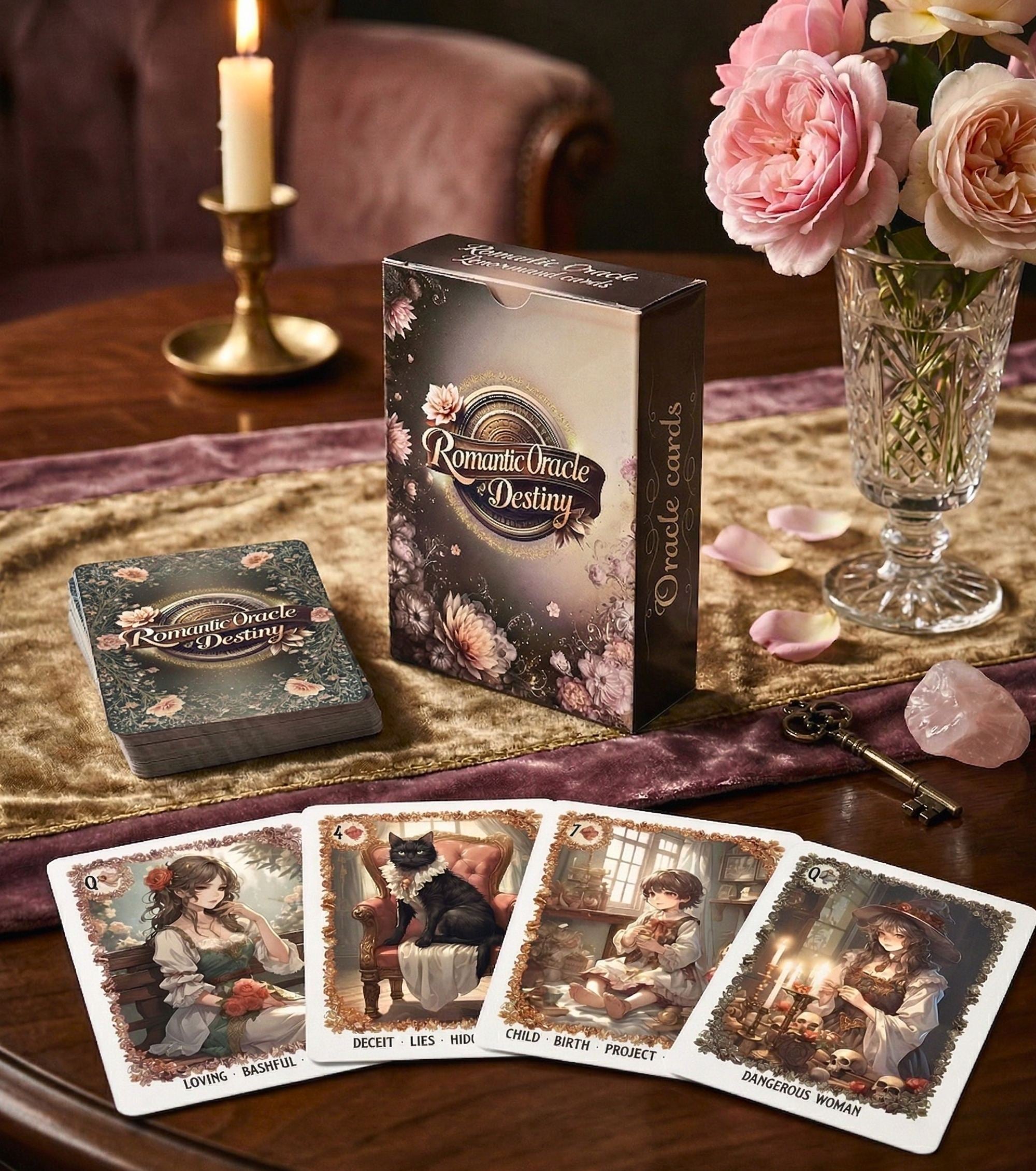 Manga anime style Romantic Oracle of Destiny cards, divination deck on velvet with pink roses, lit candle, and rose quartz crystal
