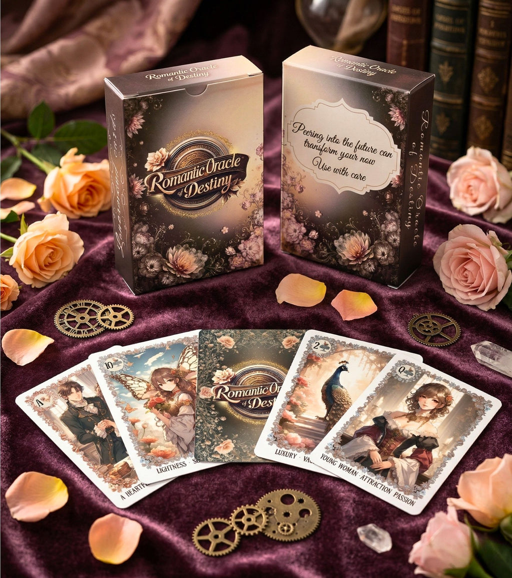 Collector oracle deck box front and back — steampunk gears, pink roses and manga love cards on purple velvet