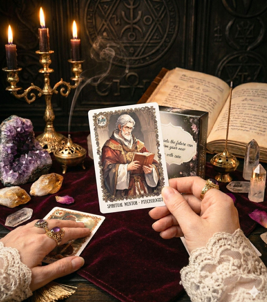 Cartomancy oracle card held in hand — spiritual mentor character with incense, amethyst and crystal quartz on altar