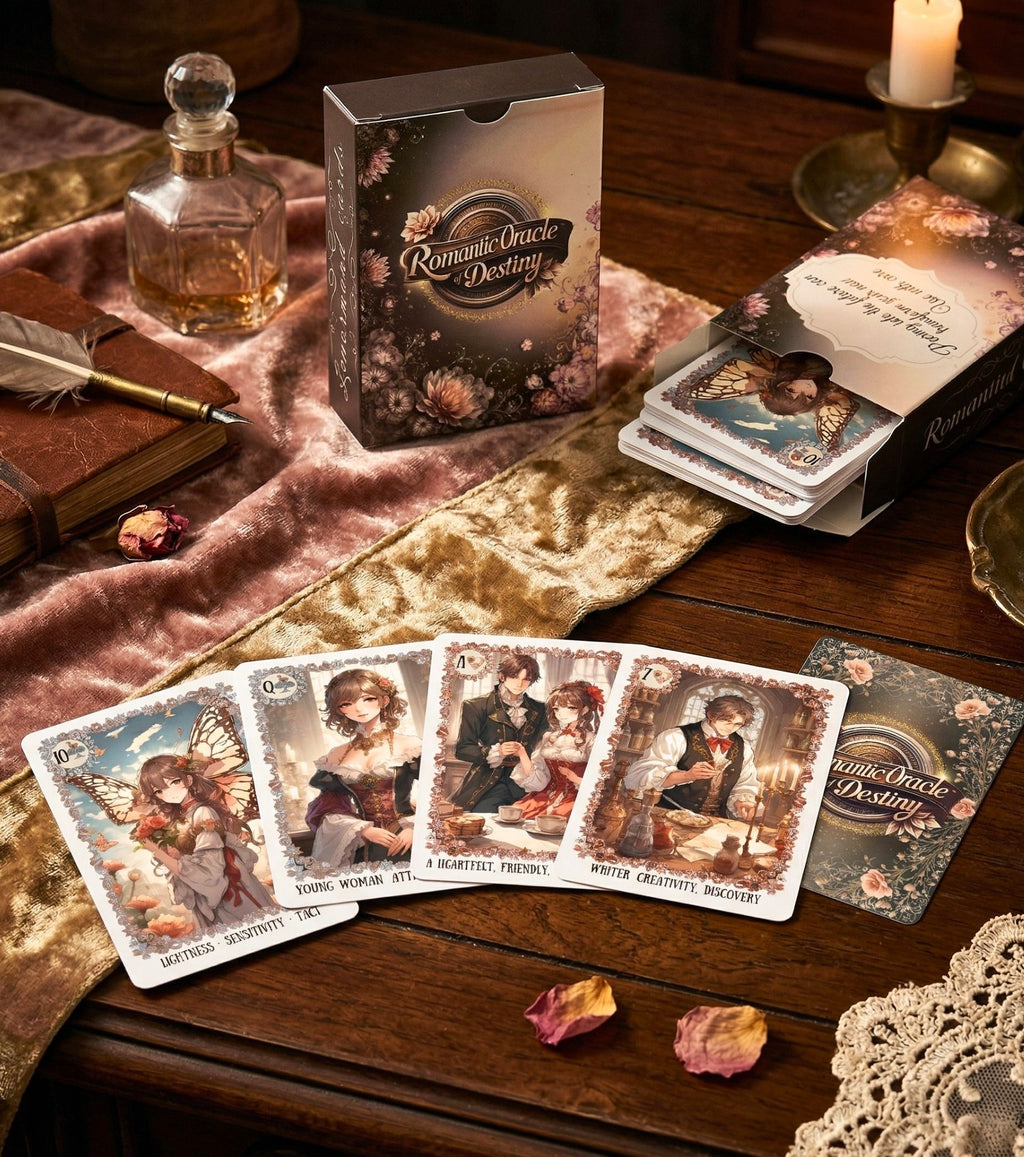Handmade oracle deck open box on vintage desk — manga love cards with leather journal and quill pen