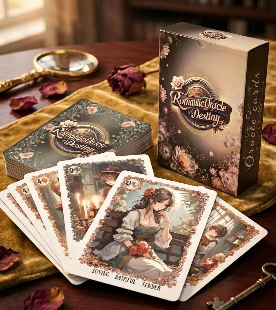 Manga love oracle deck 54 cards with box — handmade romantic oracle with manga character art, roses, and vintage keys