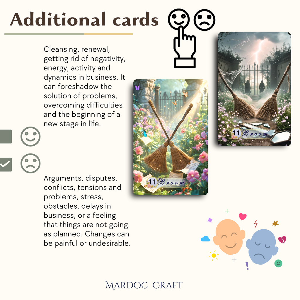 Infographic comparing light and stormy variations of No. 11 Broom card from Serenity Lenormand deck. Educational custom divination tool by MardocCraft for precise shadow work, professional cartomancy, and fortune telling.