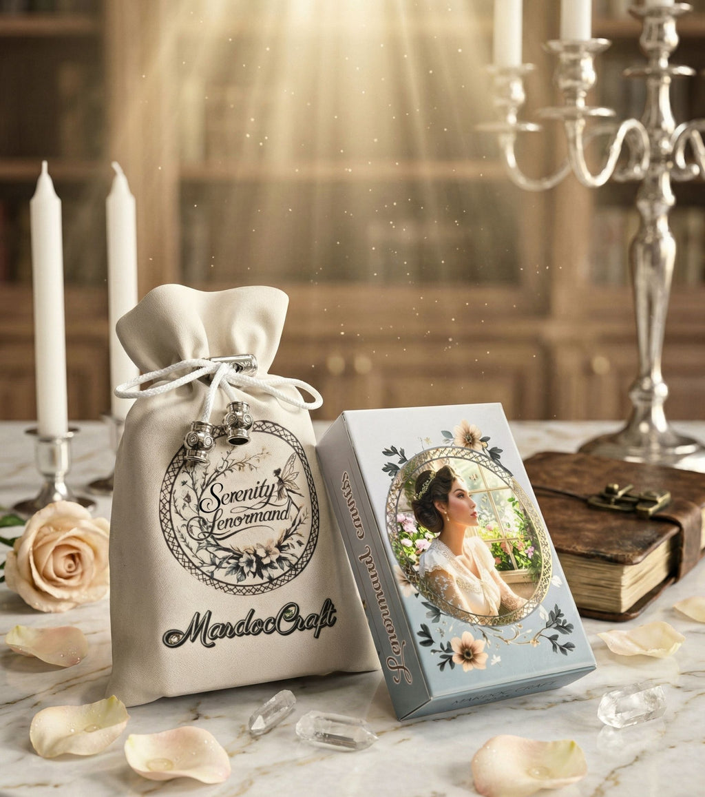 Serenity Lenormand deck box and fabric pouch with logo on marble — rose petals, crystals and candles romantic flatlay, MardocCraft