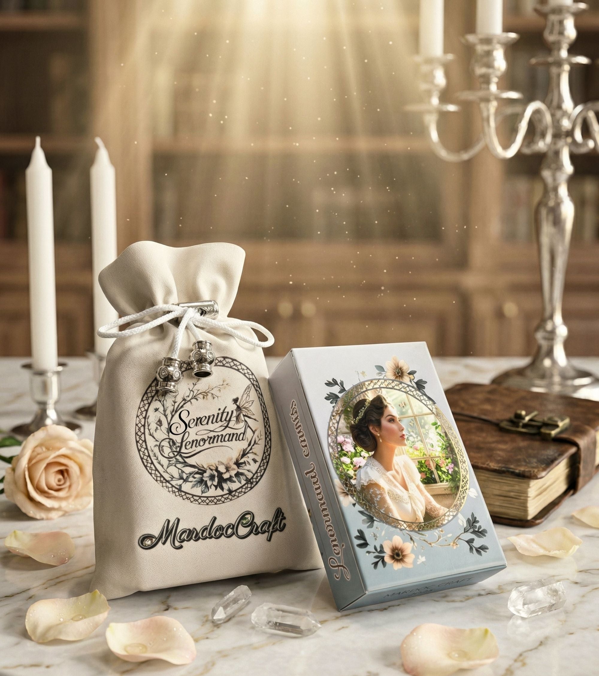 Serenity Lenormand deck box and fabric pouch with logo on marble — rose petals, crystals and candles romantic flatlay, MardocCraft