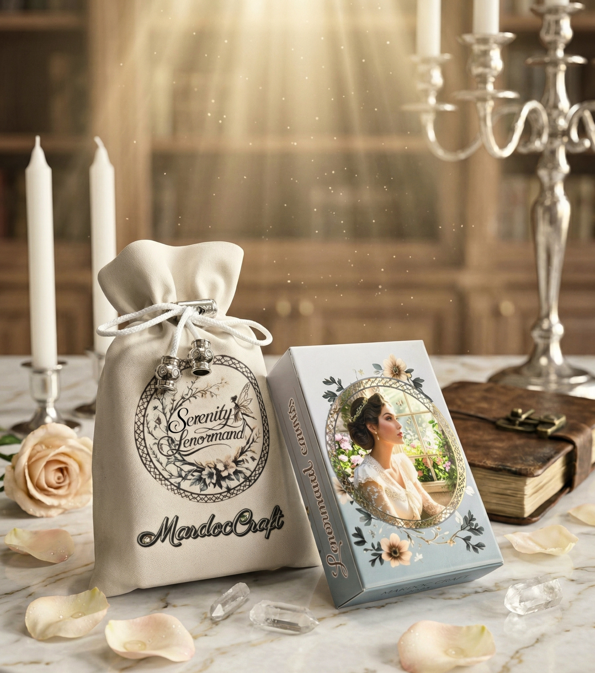 Serenity Lenormand deck box and matching pouch by MardokCraft. Floral oracle cards on marble with rose, crystals, and candles for spiritual rituals