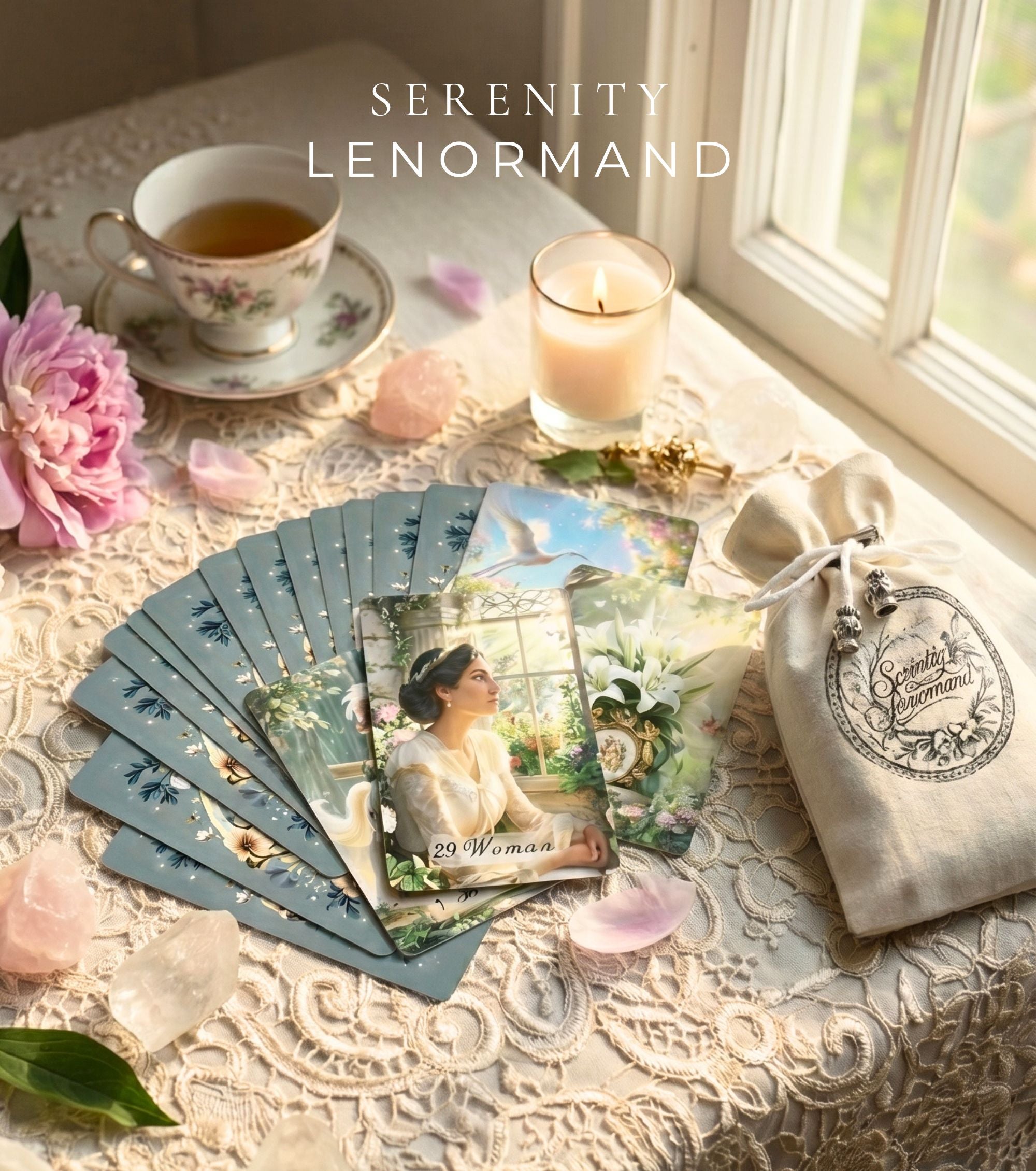 Serenity Lenormand 42-card oracle deck by MardocCraft on lace tablecloth. Morning setup with peony flowers, tea, plus crystals. Custom divination tool featuring Woman card and personalized pouch for professional cartomancy or general reading.