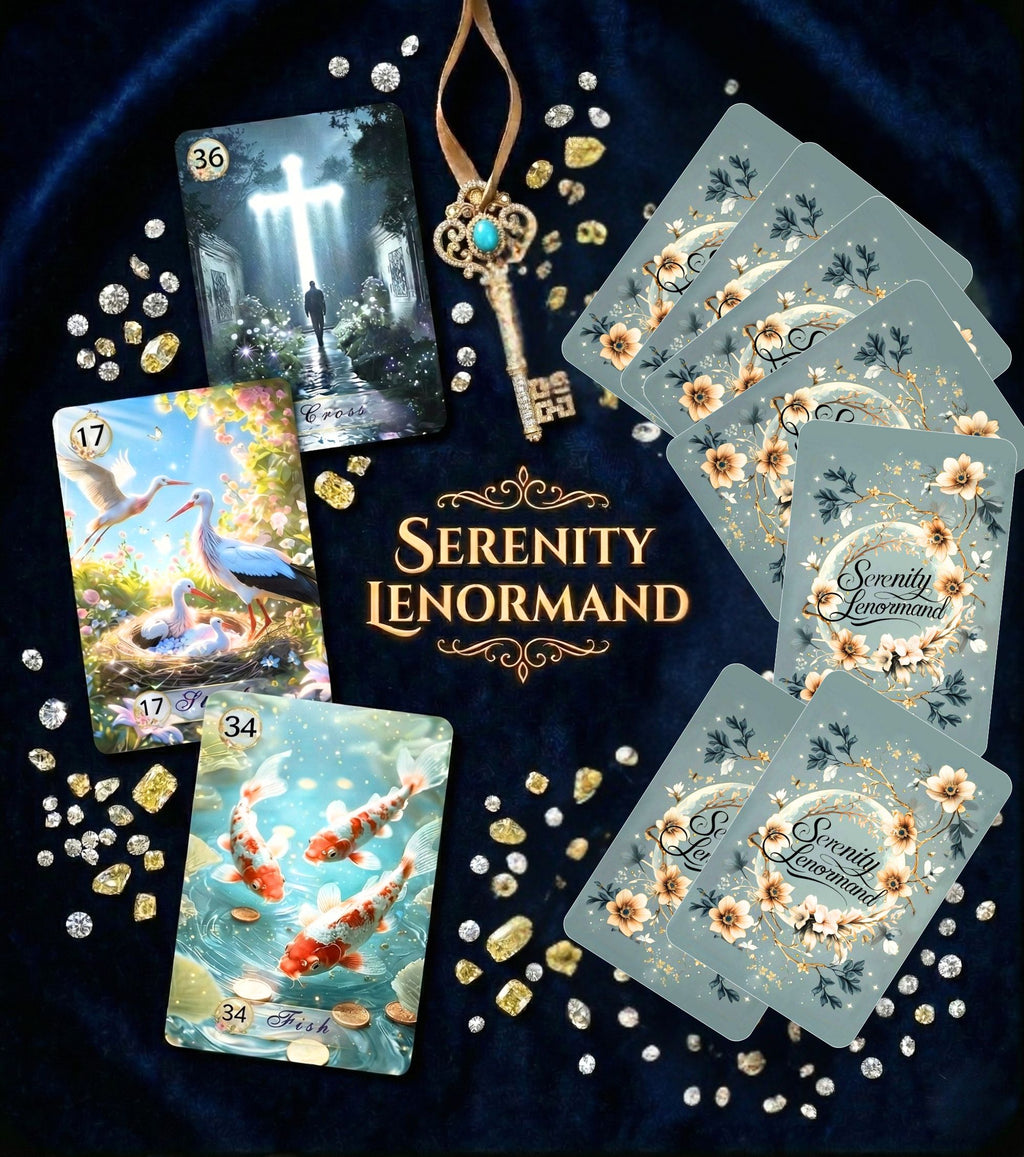 Serenity Lenormand oracle cards deck by MardokCraft. Floral back design, Storks, Fish, and Cross cards displayed on dark blue velvet with crystals and a vintage gold key