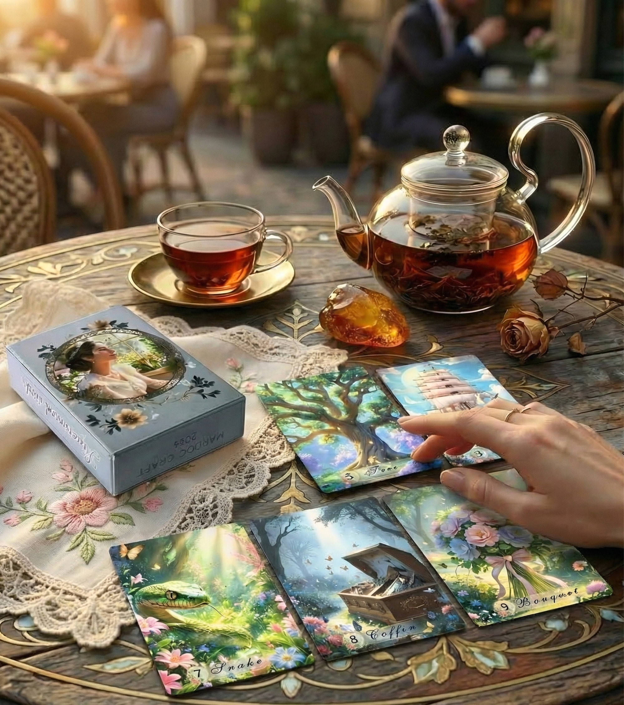 Serenity Lenormand oracle cards by MardokCraft: Life reading in a cafe with tea, showing Tree, Ship, Snake, Coffin, and Bouquet cards