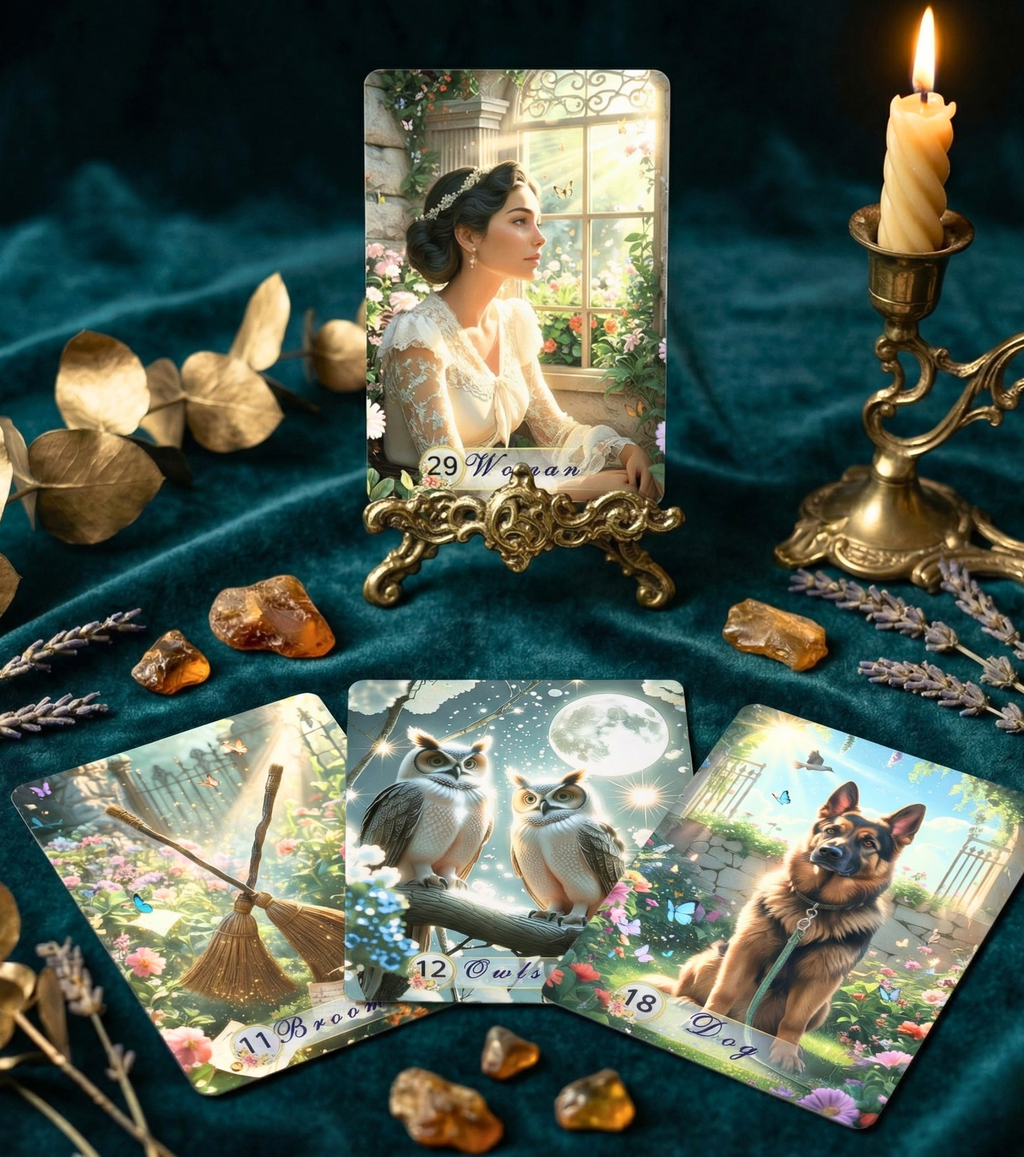 Serenity Lenormand cards: Woman, Owls, Dog, Broom on teal velvet with a candle and amber stones. Mystic oracle deck for spiritual guidance.