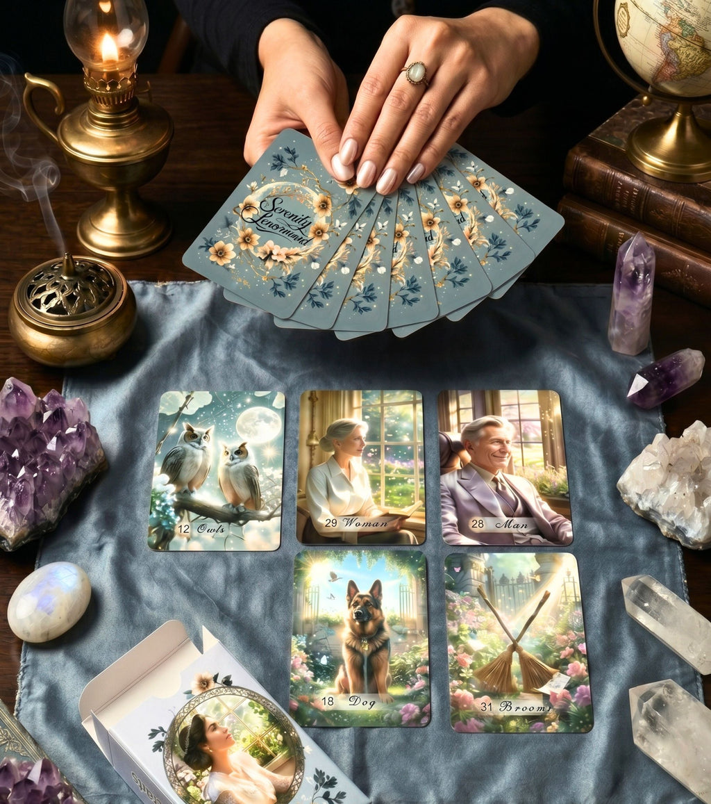 Serenity Lenormand oracle deck by MardokCraft: Hands holding a spread with Owls, Woman, Man, Dog, and Brooms cards among amethyst crystals
