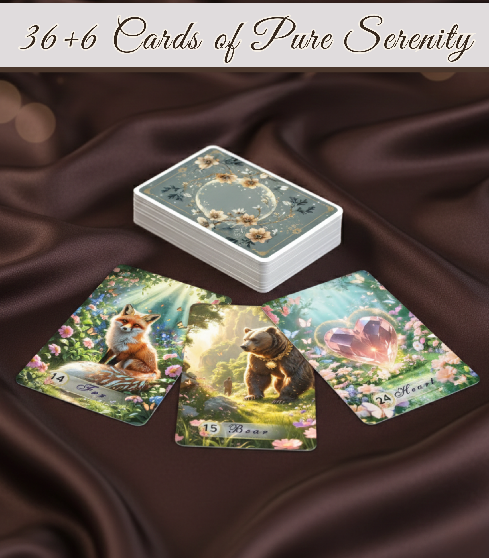 Serenity Lenormand deck, a custom divination tool by MARDOC CRAFT. Stack of floral-backed cards on brown satin with Fox, Bear, and Heart cards face up. Perfect for professional cartomancy, fortune telling, and shadow work