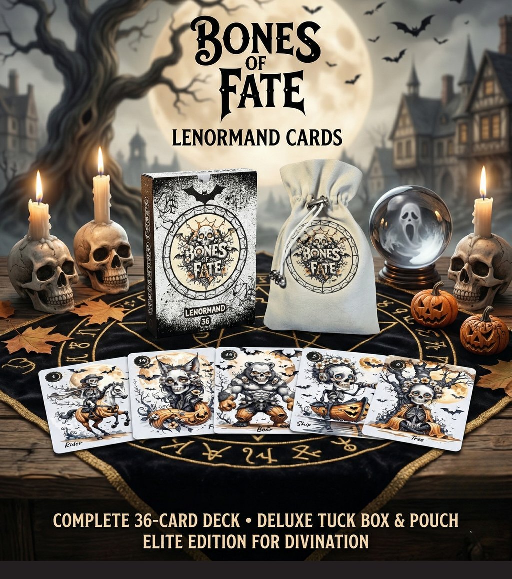 Bones of Fate Lenormand Elite Edition, complete 36-card deck featuring skeleton-themed Rider, Fox, Bear, Ship, and Tree cards, with deluxe tuck box and pouch for divination