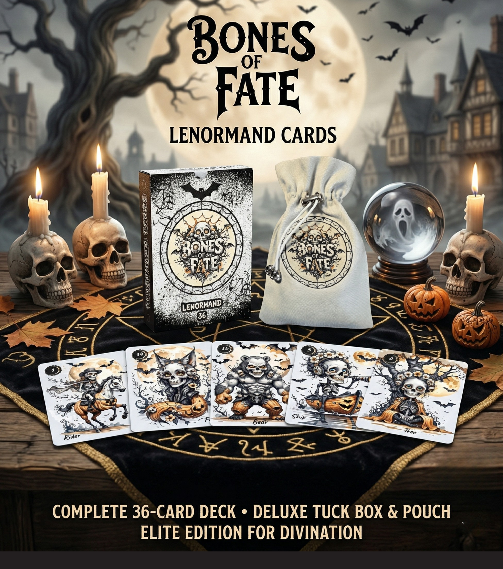 Bones of Fate Lenormand Elite Edition, complete 36-card deck featuring skeleton-themed Rider, Fox, Bear, Ship, and Tree cards, with deluxe tuck box and pouch for divination