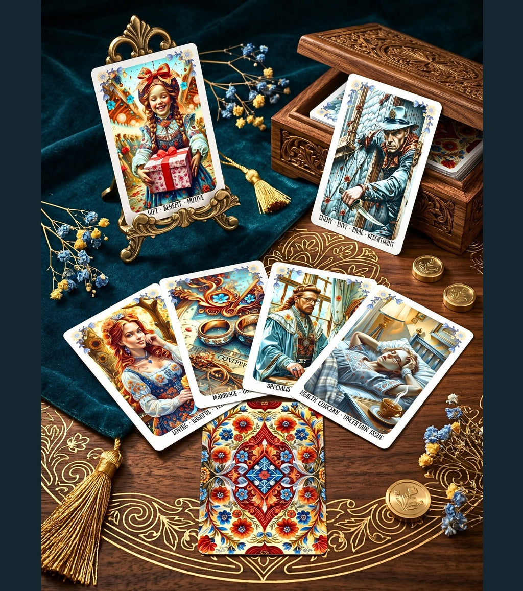 Multiple cards display with wooden box Ukrainian Soul Oracle — gold velvet folk art divination set MardocCraft
