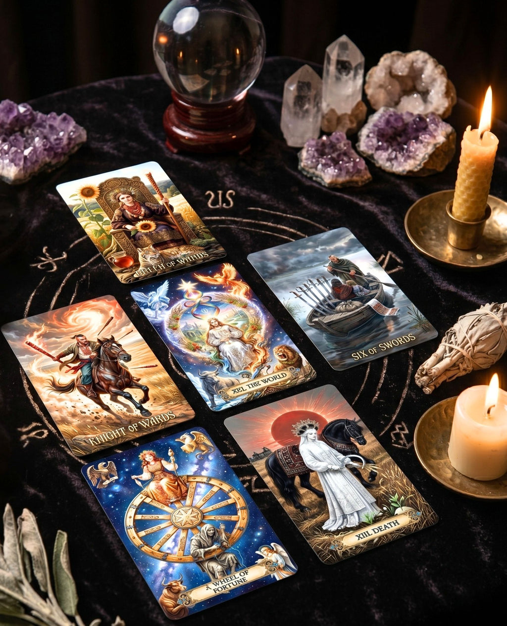 Ukrainian Soul Tarot spread on black velvet altar with crystal ball, amethyst, quartz and candles — Slavic folk art handmade deck MardocCraft
