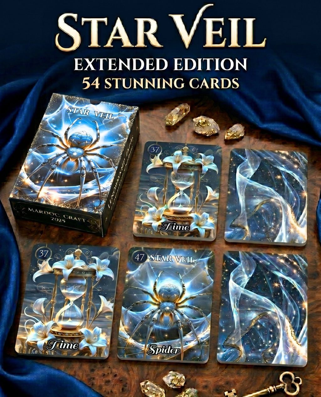 Handmade box of Star Veil Extended Lenormand 54 cards — Time and Spider bonus oracle cards on blue velvet with gold crystals, dark cartomancy MardocCraft