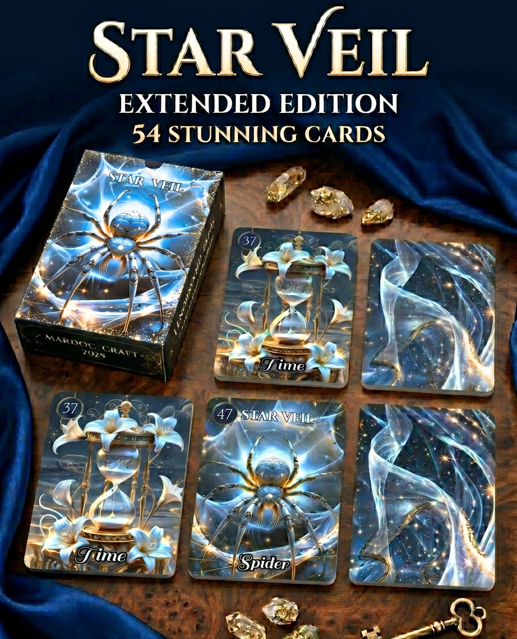 Handmade box of Star Veil Extended Lenormand 54 cards — Time and Spider bonus oracle cards on blue velvet with gold crystals, dark cartomancy MardocCraft