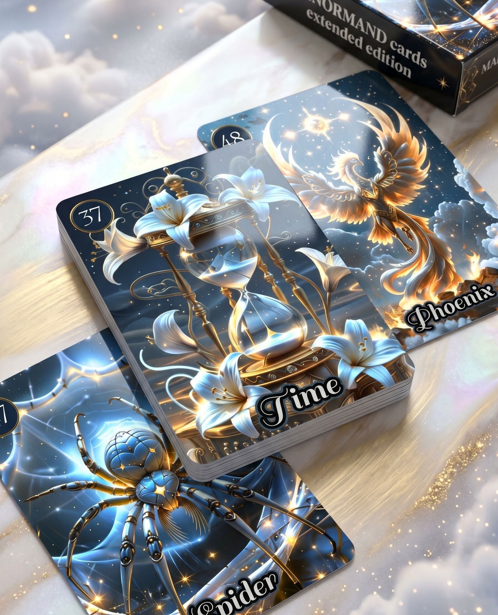 Side view of Star Veil Extended Lenormand 54 cards — Time, Phoenix, Spider bonus oracle cards stack, glossy lamination quality, handmade MardocCraft