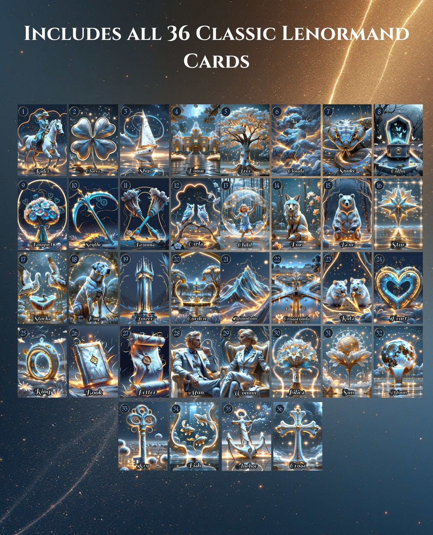 All 36 classic Lenormand cards of Star Veil Extended Edition for Grand Tableau — dark oracle cartomancy deck from Rider to Cross, handmade MardocCraft