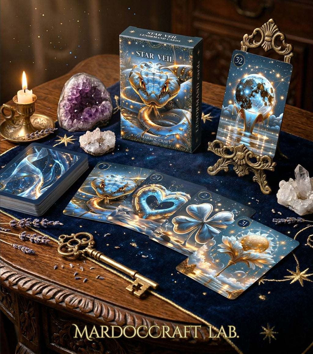 Blue velvet altar with Star Veil Lenormand Moon card on gold easel — Heart, Clover, Lilies cards, amethyst, quartz and vintage key, handmade oracle MardocCraft