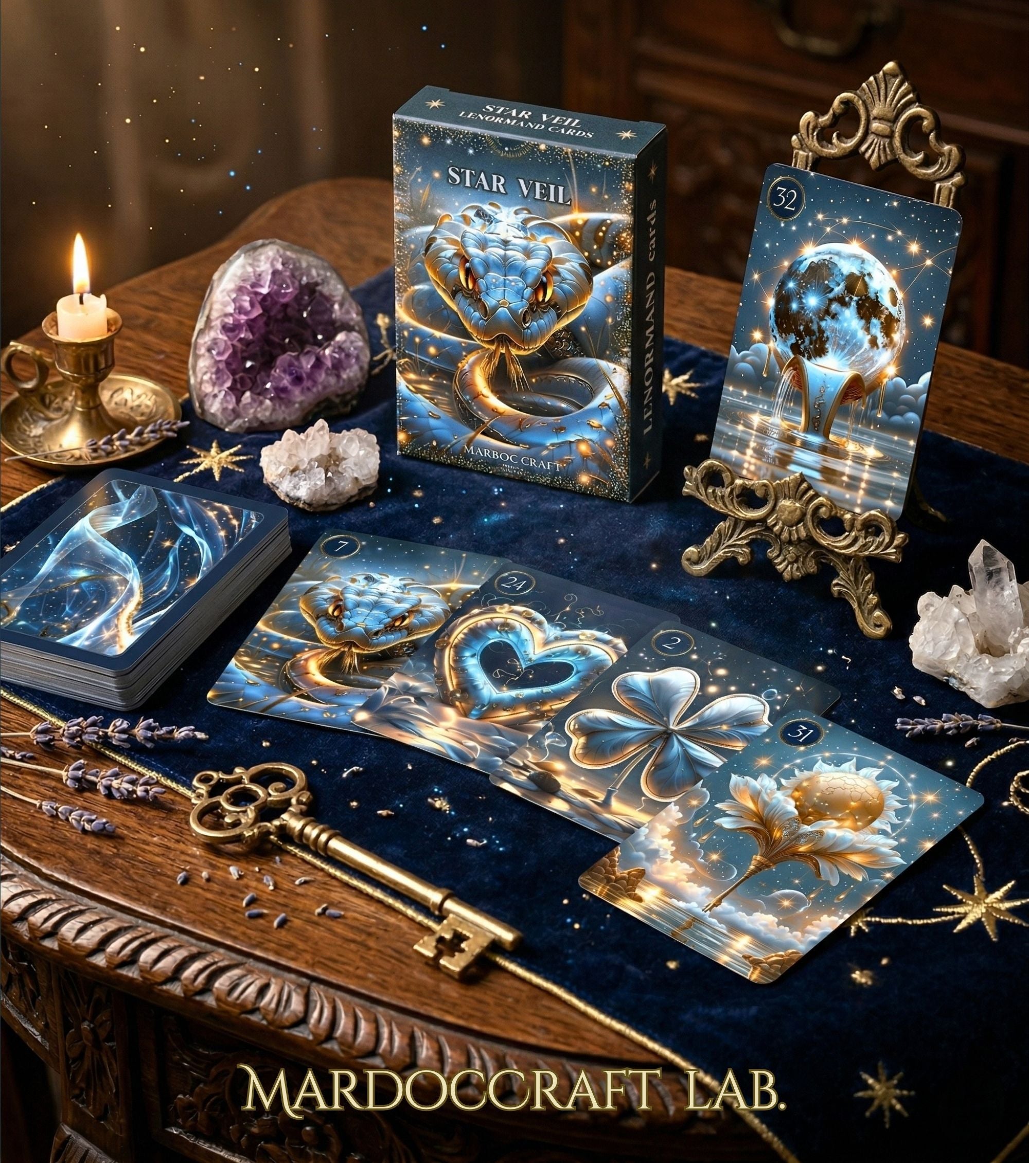 Blue velvet altar with Star Veil Lenormand Moon card on gold easel — Heart, Clover, Lilies cards, amethyst, quartz and vintage key, handmade oracle MardocCraft